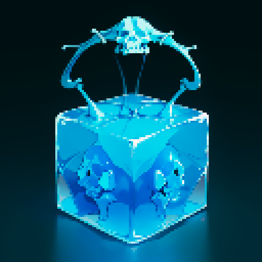 gelatinous cube, blue slime cube, slime, skeleton inside of gelatinous cube