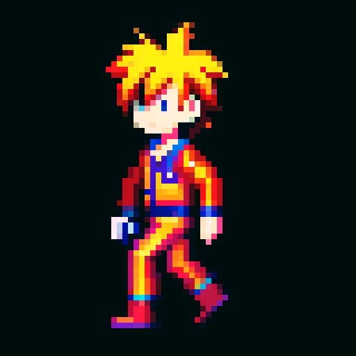 2D pixel character walking in a vibrant, retro pixel art style with a palette of bright, saturated colors and a limited number of pixels, creating a nostalgic and visually striking image