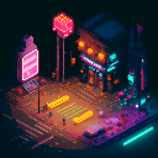 Isometric 2D cyberpunk street scene, vibrant neon lights, futuristic storefronts with glowing neon signs, reflective wet pavement, cybernetic-enhanced pedestrians, high-tech vehicles, mage girl floating in center, serene pose, fusion of mage robes and cyberpunk aesthetics with glowing runes, mystical aura amidst technology, focus on dynamic lighting and detailed environment