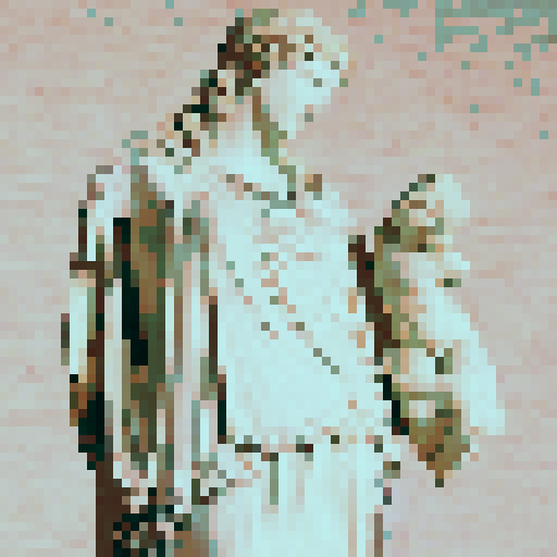 plutus sculpture, vibrant colors, geometric shapes, isometric view, low resolution, retro aesthetic