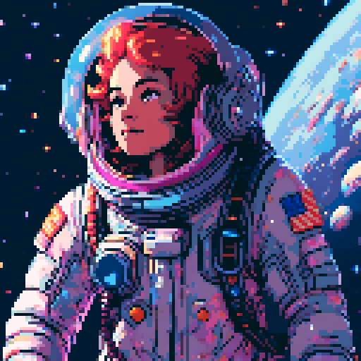 androgynous astronaut, vibrant spacesuit, floating gracefully, starry backdrop, nebula hues, pixelated stars, determined gaze, reflective clear visor, visible face, cosmic energy, self-discovery in space, sRGB, pixel art