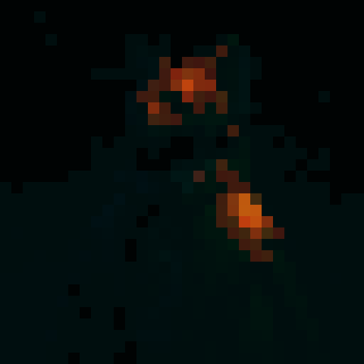 high contrast character sprite with red cloak, glowing eyes, small size, magic tome floating next to them, fantasy RPG style