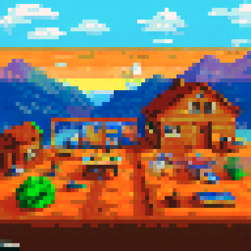 A cluttered workshop with wooden boards on the floor, walls adorned with woodworking tools, workbenches scattered with tools, in a 16bit pixel art style, featuring a vibrant sRGB color palette and a background depicting a scenic landscape