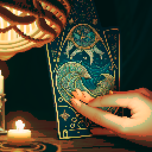A close-up of a woman's hands over a table during a tarot card reading in a medieval dark style. The table is adorned with elements of the ocean such as sea shells, sand, and small pieces of coral. The atmosphere is mystical and dimly lit, with candlelight casting shadows that enhance the eerie and magical mood. The woman's hands are gracefully poised over the cards, which also have oceanic designs like waves and mermaids.