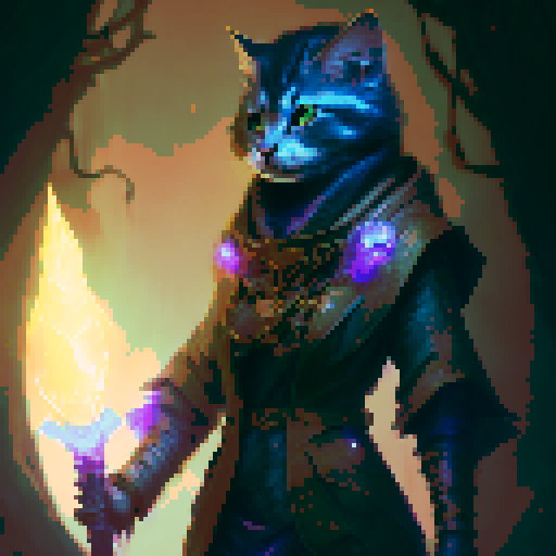 Serious cat, glowing eyes, wielding a magical staff, in a majestic robe, surrounded by floating crystals, amidst a mystical forest, with a castle in the distance