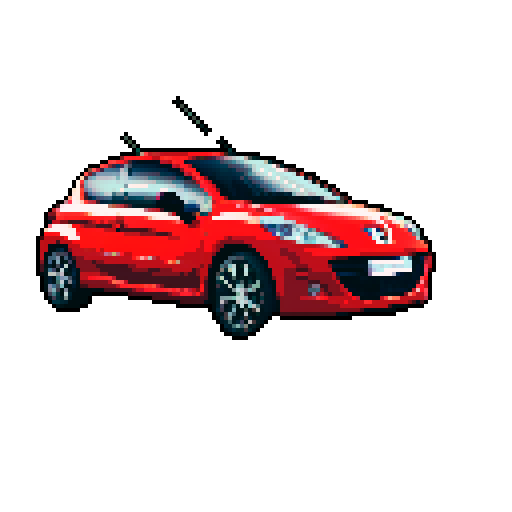 Photorealistic whole Peugeot 207, three-quarter view, right front wheel, clean background, sRGB colors, pixel art style
