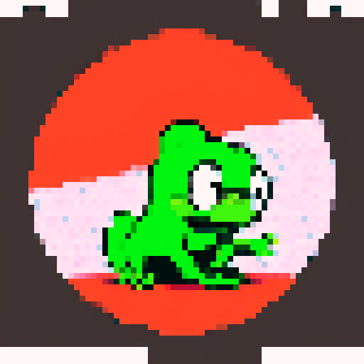 pepe frog, vibrant colors, pixelated details, retro video game style, limited color palette, 8-bit graphics, crisp lines, nostalgic aesthetic