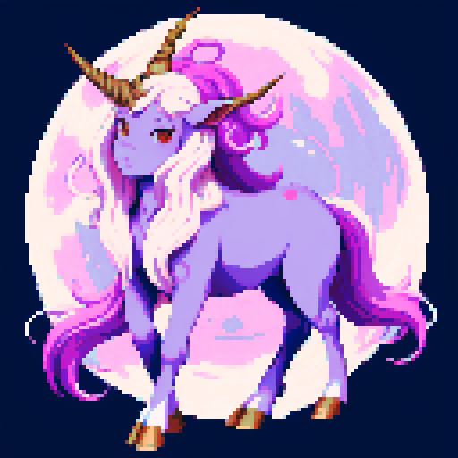 mystic druid wild woman unicorn faun hybrid bathed in moonlight, with a playful demeanor, cloven hooves, showcasing its full body in pixel art style with vibrant sRGB colors