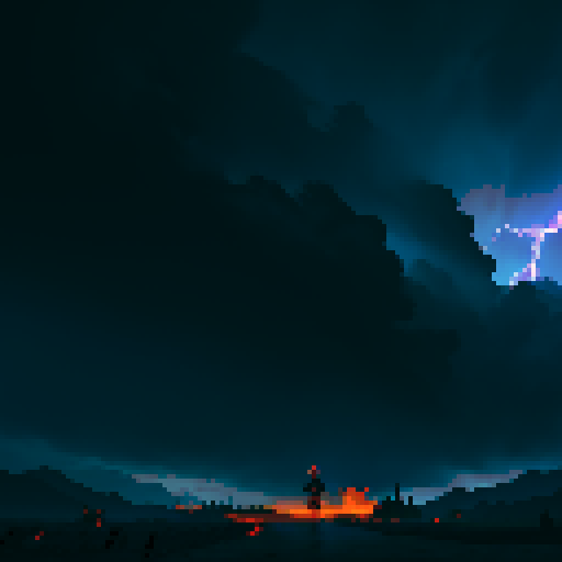 dark background, hellish background, black and blue colors, night, ruins, storm clouds, storming, lightning