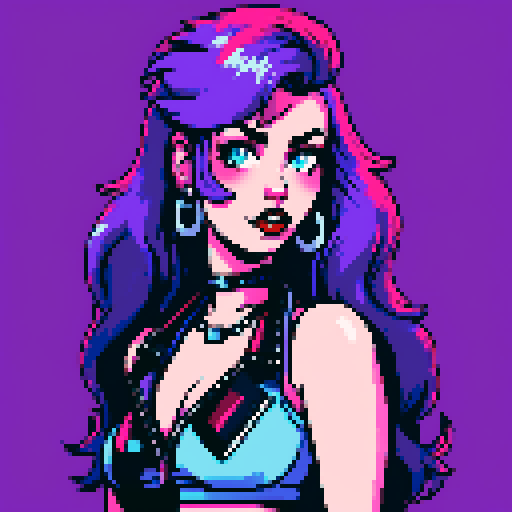busty greaser goth girl, with long purple hair, blue eyeshadow, red lipstick. wearing bikini, studded collar. Posing for a whole head portrait, avatar photo. vibrant sRGB colors, pixel art, edgy aesthetic