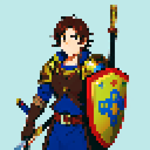Fire Emblem mercenary, brown hair male with helmet, vibrant, colorful, pixel art, sRGB, medieval armor, sword, shield, battle-ready, heroic pose, detailed background, retro gaming vibes