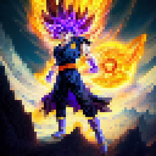 Goku wielding a glowing, golden staff battles a dragon with emerald scales amidst a sprawling, mystical landscape featuring towering, crystalline spires and a pulsing, purple sky in a fantastical RPG style.