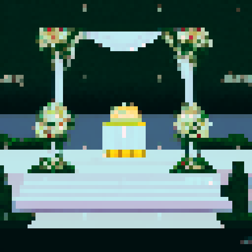 white cloth chuppah, at a Jewish wedding, against a black background, in a flat color, pixel art style, emphasizing sRGB
