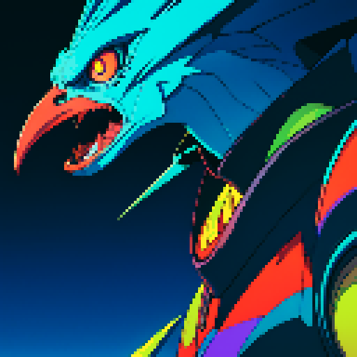 bird monster, vibrant colors, sharp angles, menacing beak, mechanical limbs, glowing eyes, geometric patterns, intricate details, retro video game aesthetic, 8-bit graphics, blocky pixels, limited color palette, nostalgic vibes