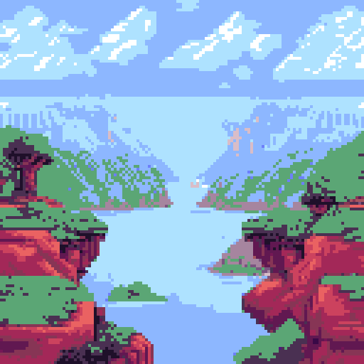 ocean, towering cliffside, person sitting on cliffside, pixelated background, vibrant sRGB colors, detailed pixel art landscape