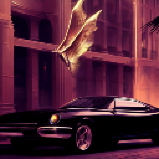 Surrealist, futuristic. A sleek, silver car takes flight, soaring through a neon cityscape as its metallic wings shimmer in the electric glow of the streetlights.