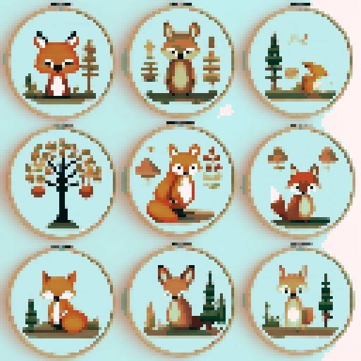 a collection of woodland creatures modern cross stitch style earthy tones Woodland cross stitch pattern, Forest cross stitch pdf download, Cottage wall decor, Modern cross stitch, Nature embroidery Woodland nursery 