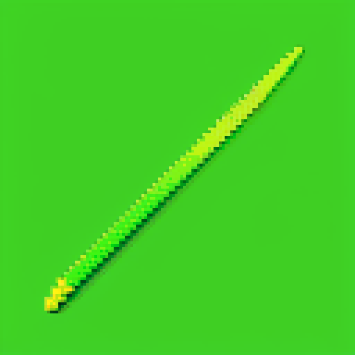 single blade of grass, pixel art, solid color background, vibrant green, sharp edges, jagged lines, low resolution, blocky pixels, retro aesthetic, limited color palette, 8-bit style, crisp and defined, contrasting shades, minimalistic, simplicity, detailed texture, symmetrical composition, stylized depiction, nostalgic ambiance, reminiscent of old video games