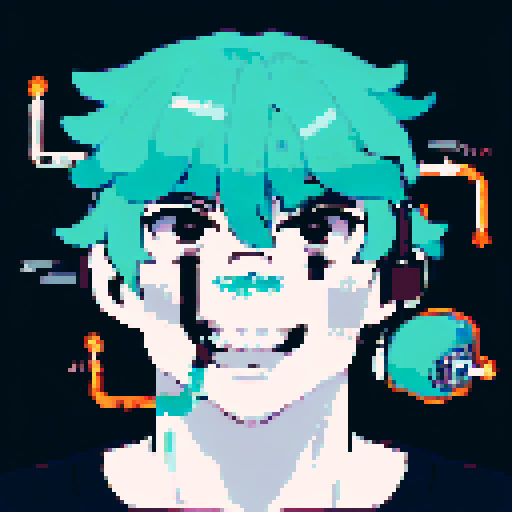 solo male protagonist, cybernetic hardware imbedded in his face, bass clef tattoo under left eye, headphones, busy street, character portrait, close up, anime style, pixel art