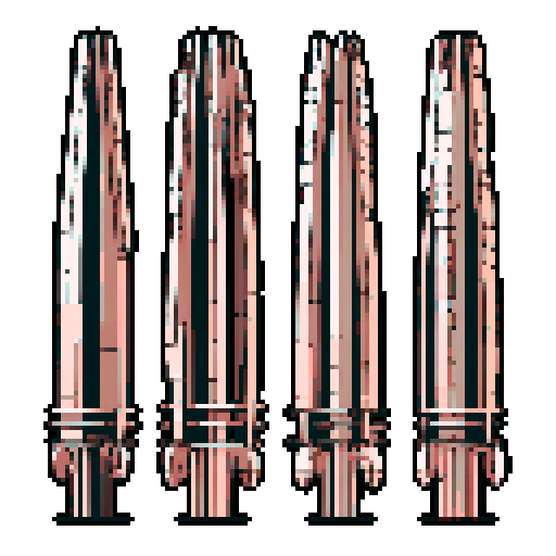 I want a tall vertical copper structure reminiscent of a organ pipe. It should have strange mechanical details that could interlock with each other. I also want this object usable an asset in a videogame, meaning only one object per image, outlined with a strong black stroke, on a solid-color background.
