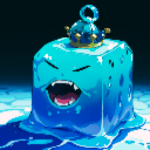Blue Slime cube, Gelatinous cube, wearing crown, giant Slime, boss fight