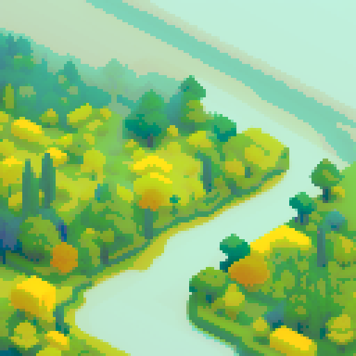 Hex piece, vibrant colors, lush foliage, towering trees, winding rivers, pixelated details