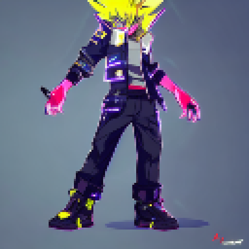 A cyberpunk themed character with yellow hair that has black highlights, with an oversized blue jacket, standing idle like a JRPG battle idle pose. No background.