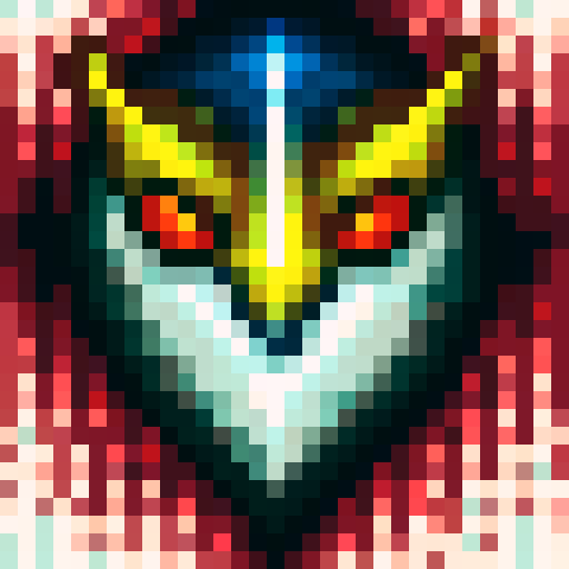 Dragon head, fierce expression, vibrant colors, sharp scales, glowing eyes, fiery breath, intricate horns, textured skin, intense shadows, dynamic composition, stylized details, pixelated features, exaggerated proportions, limited color palette, iconic symbol, intense contrast, powerful presence