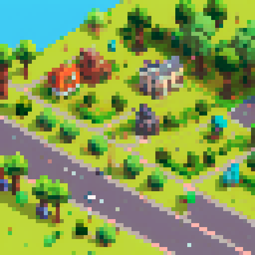 JRPG style town with buildings, road, grass and paved walking paths