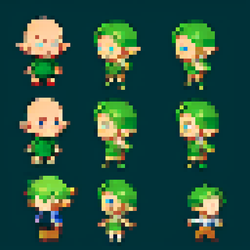 8-bit pixel art base character sheet of a chibi-style elf boy with no hair or clothes, serving as a fully customizable base model. The character has short legs and simple features