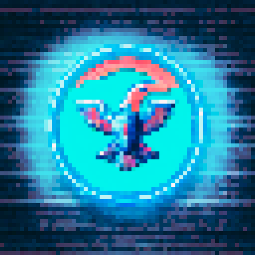 Futuristic, robotic eagle head, hovering above a neon-lit cityscape, emblazoned on a circular, metallic badge