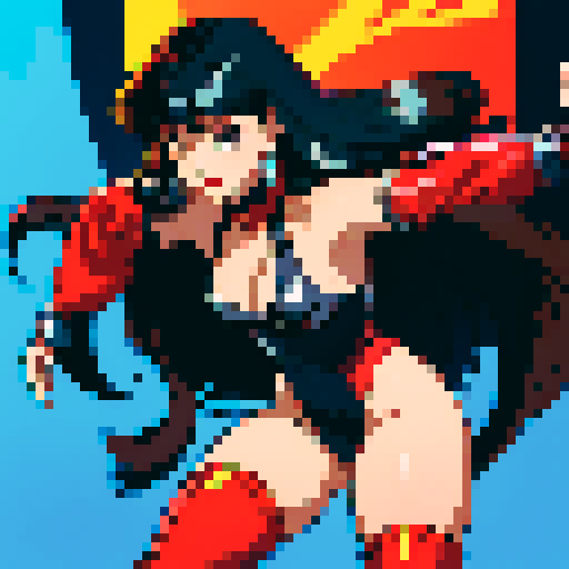 Petite, pale, very busty, dark brown curly hair with bettie page bangs, sleek high-cut leotard in vibrant red with plunging neckline, angular chrome shoulder pads with rivet details, matching chrome forearm bracers, knee-high armored chrome boots, long hair, curly hair, bangs, retro anime, 1990s anime, 1980s anime, sRGB, pixel art