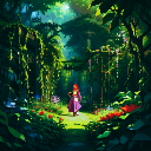 lush jungle forest, haphazard ruins, choked with vines, vibrant flowers in trees, mysterious