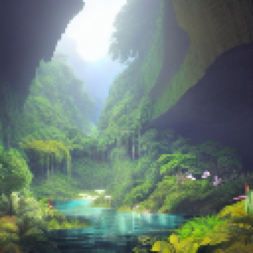 Large green jungle in a massive underground cave
