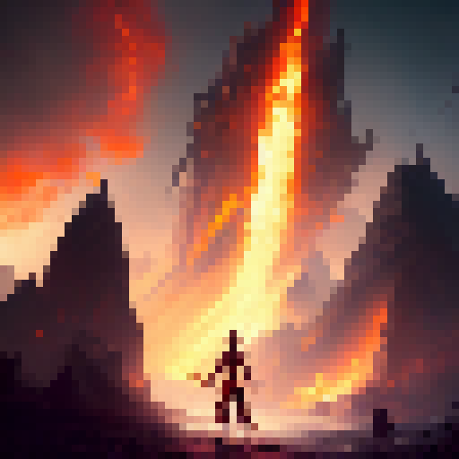Ken, muscular and confident in his red speedo, wields a flaming sword with a regal backdrop of castle ruins in this epic fantasy RPG-inspired artwork.