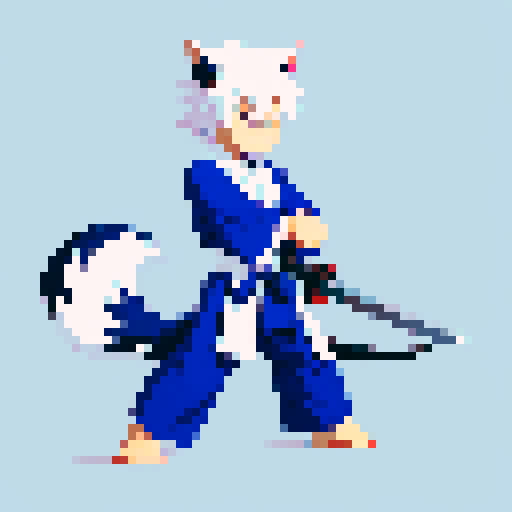 beast man with wolf ears and tail, white hair, brilliant dark blue yukata, pixel art, sRGB, 2D game stance, tall and slim, katana