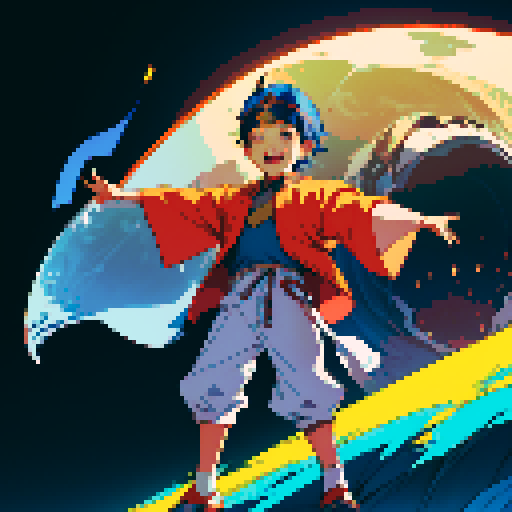 a boy around 8 years old with open arms, with a headpiece that looks like the sun, and a detail in his clothes on the chest area that resembles the moon
