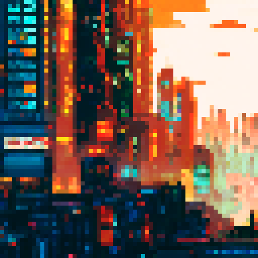 A sprawling, neon-lit cityscape with towering skyscrapers and bustling streets, rendered in vibrant pixel art against a moody sRGB background