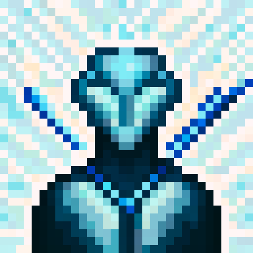 alien, two weapons, game icon, 32x32 pixel art, sRGB, skill art, close up, portrait, vibrant colors, futuristic design, glowing eyes, metallic armor, intense expression, dynamic posing, intricate details, alien technology, energy blasts