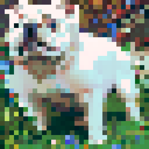 prestigious all white English bulldog, elegant, regal, adorned with a golden crown, sitting proudly on a pixelated throne, surrounded by vibrant pixel art flowers and a whimsical sRGB background