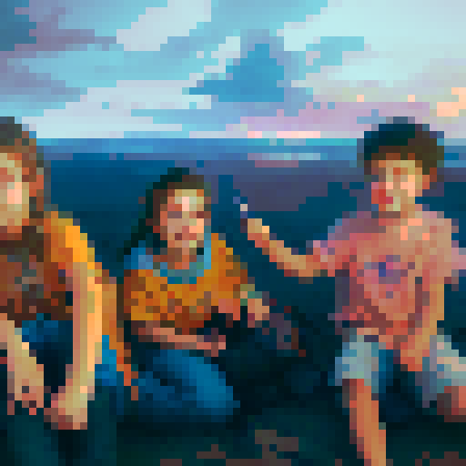 Children sitting in front of a beach at sunset