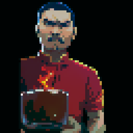 person with fire nation attire, holding an old fashioned glass with ice cubes, orange pixelated flames surrounding them, vibrant red and gold color palette, pixelated smoke rising from the glass