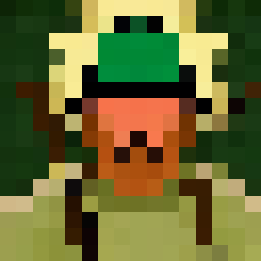 Green-hatted archer, poised with bow and arrow, stands in a mystical forest surrounded by towering trees, their leaves shimmering in the golden light of sunset, all captured in a stunning 16x16 pixel portrait, close up, portrait