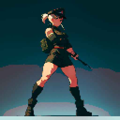 full-body image, muscle girl, female, thick biceps, big shoulders, big fists, muscular physique, thick waist, facing left, ready to fight, exaggerated proportions, black military uniform, black hat, military backdrop, sRGB, pixel art, army behind her, military behind her, army in background, army, soldiers, evil, dark, evil soldiers, nazi