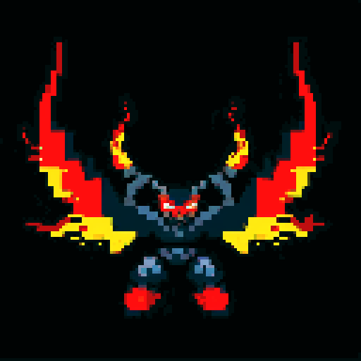 A demonic entity made entirely of fire, with blazing wings and piercing red eyes. It controls the flames around it and has an overwhelming, fiery presence. No background.
