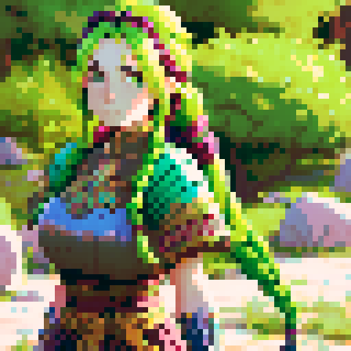 female warrior, vibrant green hair with braids, large sword, fantasy RPG character portrait
