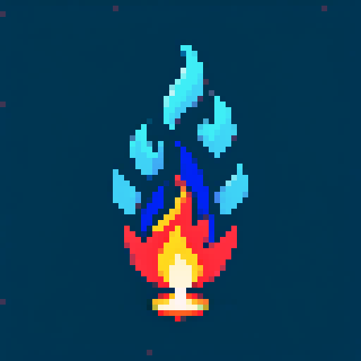 skill icon of a flame, vibrant colors, pixel art, dynamic motion, glowing embers, sharp edges, flickering light, high contrast, sRGB color space, fiery intensity, intricate details
