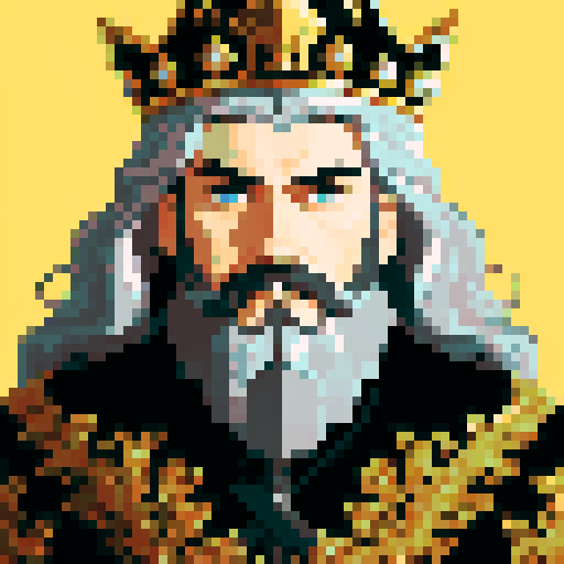 king, regal, black metall crown, black crown, majestic, stoic expression, sharp features, detailed beard, silver accents, royal robe, intricate embroidery, game icon, 32x32 pixel art, sRGB, skill art, close up, portrait, golden hairs