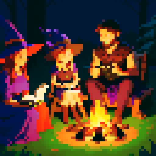 A group of adventures gather around a campfire telling stories to eachother. The male warrior is leaning forward, on hand resting in his lap, the other raised up in a jovial manner as he regales the tales of his travels. The female wizard, whom is rather voluptuous, keeps to herself as she reads her book of spells in one of her hands, the other playing with a little flame wick. The wizards legs are crossed  under her long violet dress, her big rimmed hat resting stop of her head.