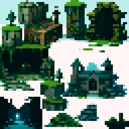 Rocky dungeon assets, moss-covered walls, dimly lit torches, eerie atmosphere, sRGB color palette, pixel art style